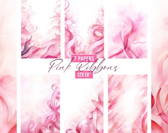 Watercolor Pink Ribbons Digital Papers, Cancer Ribbons Backgrounds, Breast Cancer Clipart, Junk Journal Kit, Cancer Awareness Backgrounds