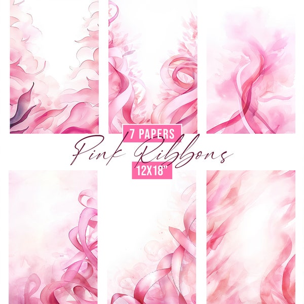 Watercolor Pink Ribbons Digital Papers, Cancer Ribbons Backgrounds, Breast Cancer Clipart, Junk Journal Kit, Cancer Awareness Backgrounds