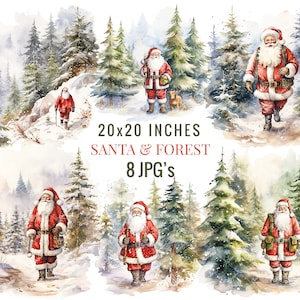 Watercolor Santa Claus Clipart, 8 JPGs, Commercial Use, Christmas Clipart, Watercolor Santa and Forest Digital Paper Craft, Scrapbooking