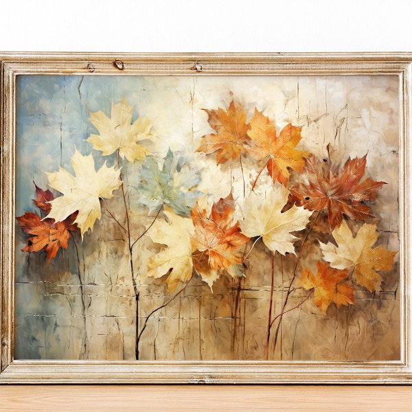 Pintura de hojas de arce, impresión de hojas de arce vintage, impresión de arte de pared de otoño rústico, impresión digital de otoño, decoración de granja, decoración de otoño vintage