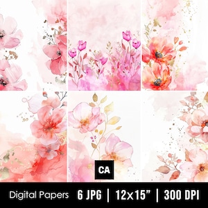 Papel digital floral rosa pastel, fondo floral de acuarela, papel de álbum de recortes imprimible rosa, papeles de diario de flores rosas de acuarela