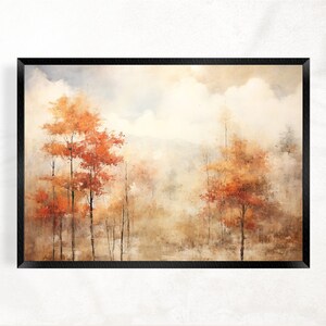 May include: A watercolor painting of a forest scene with trees in shades of orange, red, and brown. The trees are set against a background of soft, muted colors, creating a peaceful and serene atmosphere.