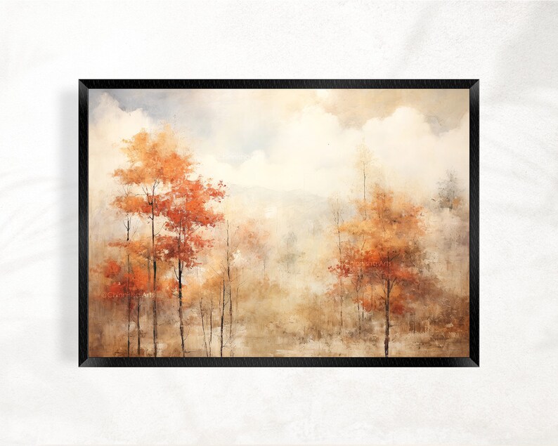 May include: A watercolor painting of a forest scene with trees in shades of orange, red, and brown. The trees are set against a background of soft, muted colors, creating a peaceful and serene atmosphere.