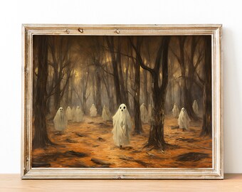 May include: A framed painting of a spooky forest scene with a group of white ghosts walking through the trees. The forest is dark and mysterious, with a sense of unease.