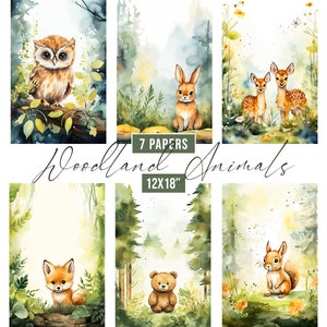 Watercolor Woodland Animals Digital Papers, Woodland Backgrounds, Woodland Nursery Papers, Woodland Baby Shower Invitation, Forest Backdrops