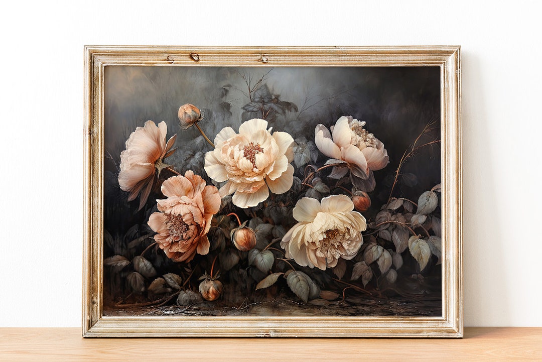 Printable Wall Art Peonies, Vintage Peony Painting, Moody Dark Floral ...