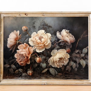 Printable Wall Art Peonies, Vintage Peony Painting, Moody Dark Floral Wall Art Print, Living Room Wall Art, Moody Vintage Flower Print