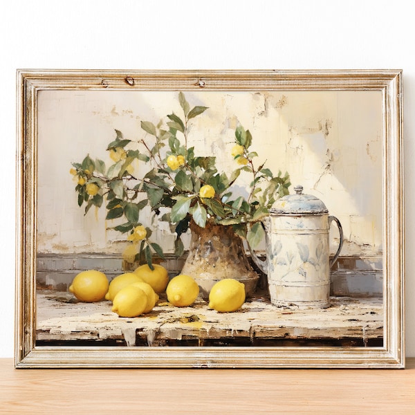 Vintage Lemon Print, Farmhouse Kitchen Print, Lemon Still Life Painting, Printable Lemon Wall Art, French Country Art, Lemon Fruit Painting