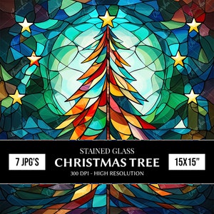 7 Stained Glass Christmas Tree Digital Papers, Tumbler Wrap Designs, Scrapbook Paper, Journaling Paper, Sublimation Designs, Wall Art