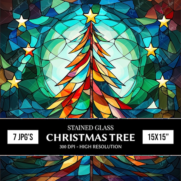 7 Stained Glass Christmas Tree Digital Papers, Tumbler Wrap Designs, Scrapbook Paper, Journaling Paper, Sublimation Designs, Wall Art