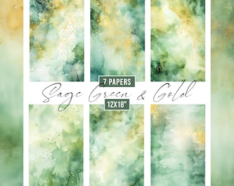 Watercolor Sage Green Digital Papers, Sage Green & Gold Background, Wedding Invite Background, Watercolor Sage Green Texture Backgrounds