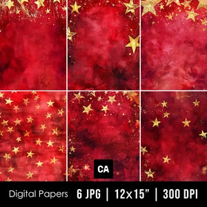 Documenti digitali con stelle rosse e dorate, sfondi astratti bordeaux, carta per album stampabile, sfondo acquerello con stelle dorate, fondali stellari