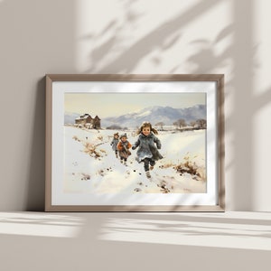 Peut inclure: Une peinture encadr&eacute;e repr&eacute;sentant trois enfants courant dans un paysage enneig&eacute;. Les enfants portent des v&ecirc;tements d'hiver et sourient. L'arri&egrave;re-plan pr&eacute;sente une petite maison en bois et des montagnes enneig&eacute;es.
