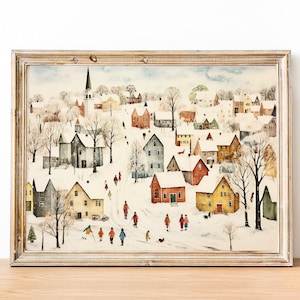 Vintage Winter Village Painting, Winter Scenes, Printable Winter Landscape, Winter Wall Art Print, Country Winter Print, Cottagecore Prints