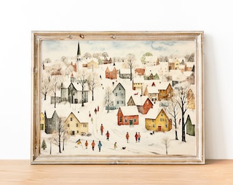 Vintage Winterdorf Malerei, Winterszenen, druckbare Winterlandschaft, Winterwandkunst, Land Winterdruck, Cottagecore Drucke