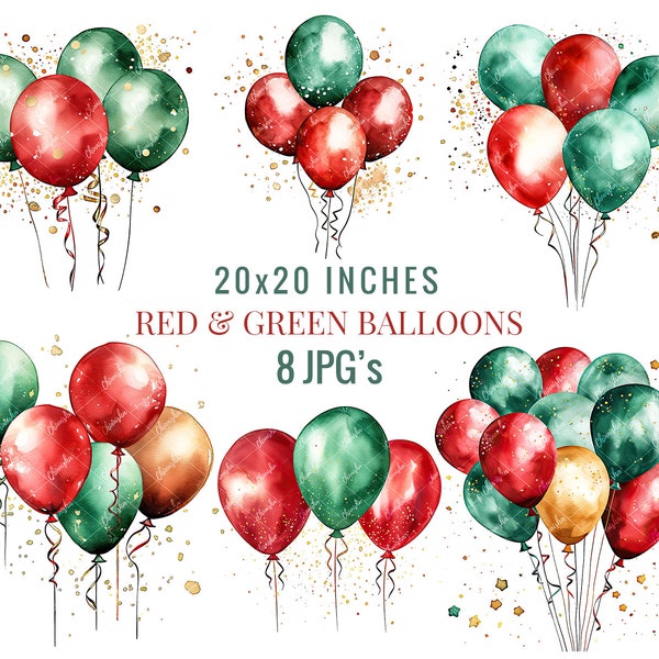 Watercolor Red and Green Balloons Clipart, 8 JPGs, Commercial Use, Party Invite Decor, Scrapbooking, Birthday Invitation, Christmas Balloons