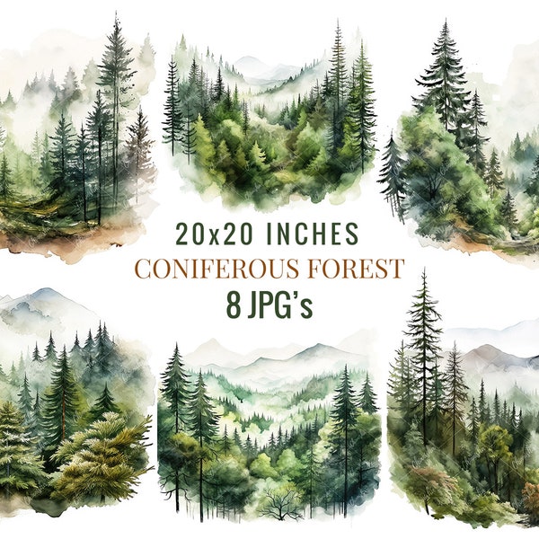 Watercolor Forest Clipart, 8 JPGs, Commercial Use, Misty Forest, Coniferous Forest Landscape, Green Forest Clipart, Digital Paper Craft