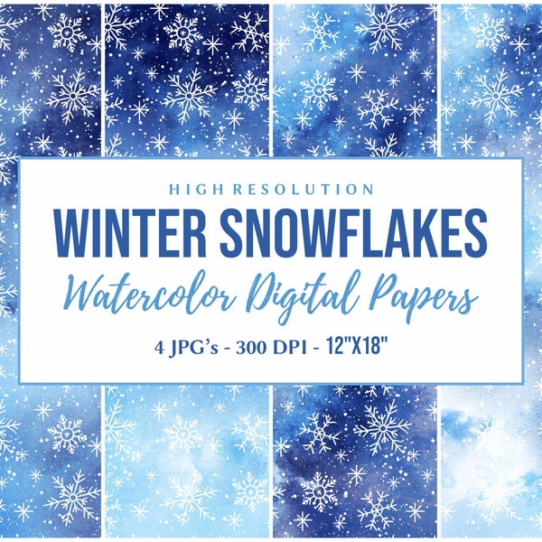 Winter Snowflakes Digital Paper, Watercolor Winter Backgrounds, Winter Digital Paper Pack, White Snowflakes Scrapbooking Paper, Winter Snow