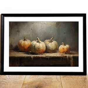 May include: A still life painting of four gourds on a wooden table. The gourds are various shades of green and yellow, and they are arranged in a row. The background is a dark blue-gray color.