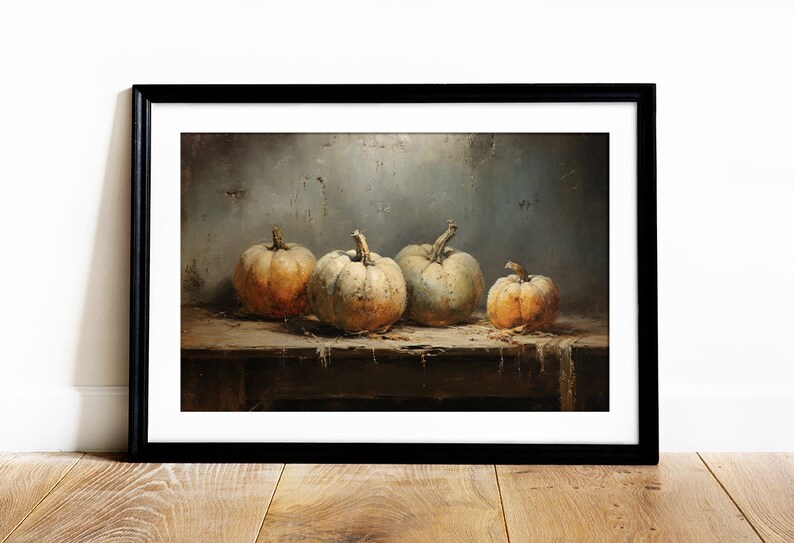 May include: A still life painting of four gourds on a wooden table. The gourds are various shades of green and yellow, and they are arranged in a row. The background is a dark blue-gray color.