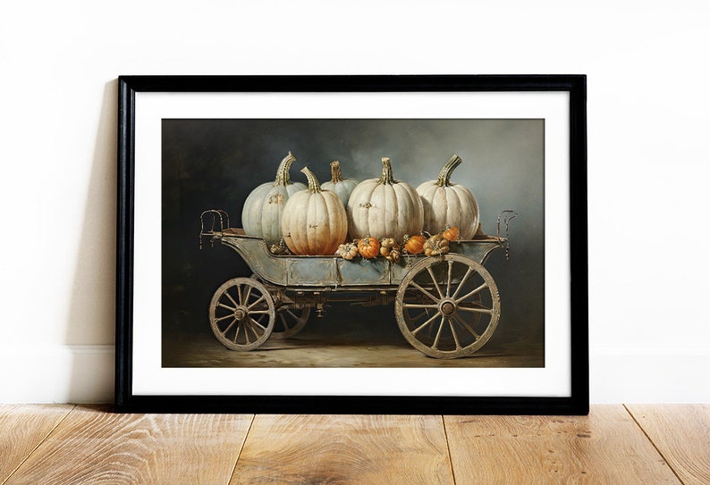 May include: A vintage-style wagon filled with white and blue pumpkins. The wagon has wooden wheels and a blue painted body. The pumpkins are arranged in a pile, with some smaller pumpkins and gourds scattered around them.