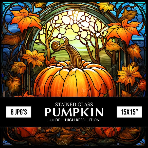 8 Stained Glass Pumpkin Digital Papers, Autumn Tumbler Wrap Designs, Scrapbook Paper, Journaling Paper, Sublimation Designs, Wall Art