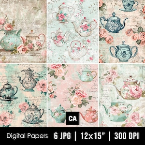 Floral Teapot Junk Journal Page, Vintage Digital Paper, Scrapbook Paper Tea Printable Background, Floral Journal Ephemera, Tea Party Journal