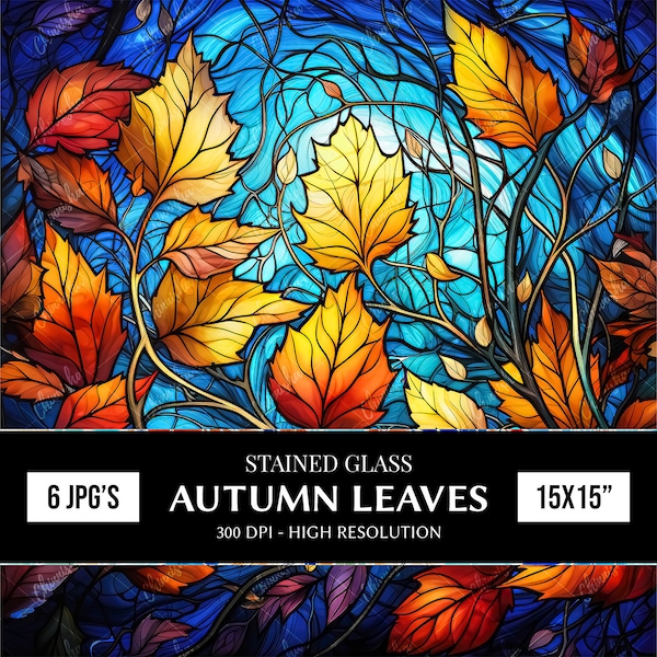 6 Stained Glass Autumn Leaves Digital Papers, Fall Tumbler Wrap Designs, Scrapbooking Paper, Journaling Paper, Sublimation Designs, Wall Art