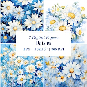 Papel digital de margarida em aquarela, fundo de flores azuis, fundo de margaridas brancas em aquarela, fundo de convite de casamento, azul e branco