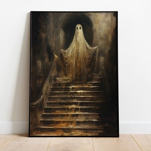 Peut inclure: Un fant&ocirc;me blanc se tient sur un escalier en bois sombre dans une pi&egrave;ce faiblement &eacute;clair&eacute;e. Le fant&ocirc;me est translucide et semble flotter au-dessus des marches. L'escalier est vieux et us&eacute;, avec une finition brun fonc&eacute;. La pi&egrave;ce est sombre et myst&eacute;rieuse, avec un sentiment de menace.