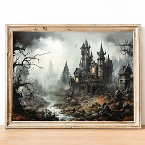 Impresión de la casa encantada, pintura imprimible de la casa encantada, arte de la pared del país vintage, impresión de arte de la casa de la bruja, impresión de la escena encantada, arte de la casa de miedo