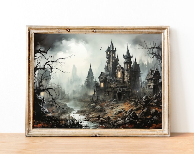 Haunted House Print, Printable Haunted House Painting, Vintage Country Wall Art, Witch House Art Print, Haunted Scene Print, Scary House Art
