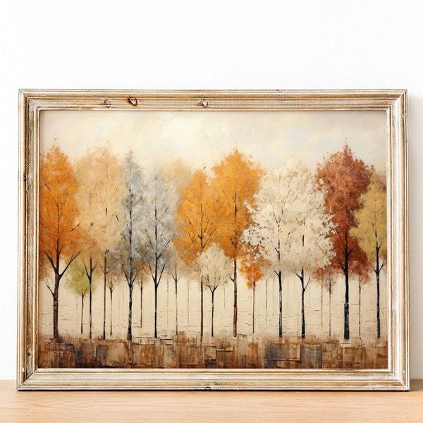 Printable Wall Art Autumn, Vintage Fall Trees Painting, Autumn Trees Wall Art, Farmhouse Wall Art Print, Country Decor Autumn