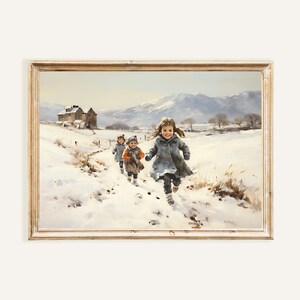 Peut inclure: Une peinture repr&eacute;sentant trois enfants courant dans un paysage enneig&eacute;. Les enfants portent des manteaux d'hiver et des chapeaux. Le paysage est peint dans un style r&eacute;aliste avec une ferme &agrave; l'arri&egrave;re-plan.