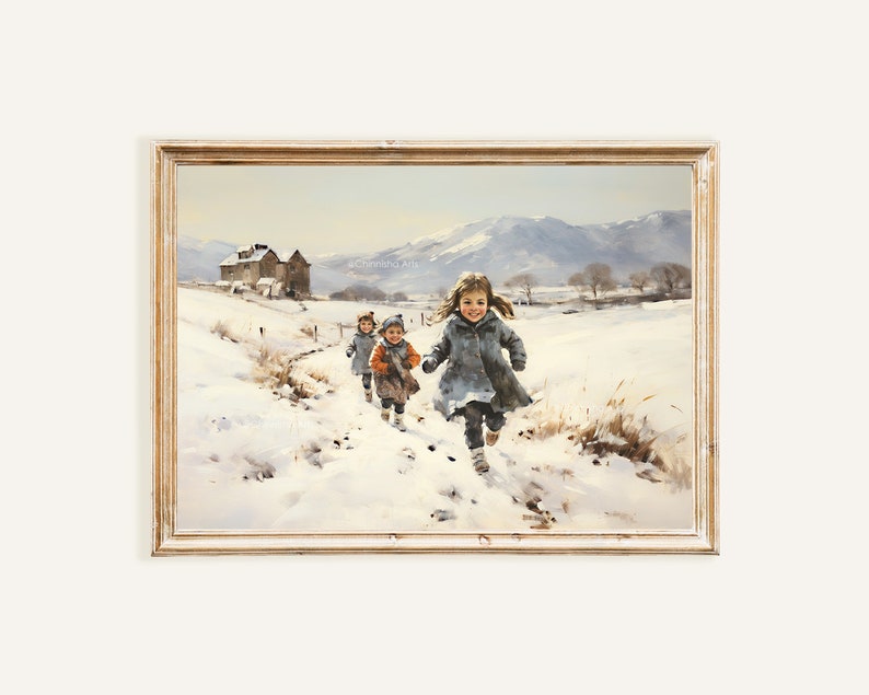 Peut inclure: Une peinture repr&eacute;sentant trois enfants courant dans un paysage enneig&eacute;. Les enfants portent des manteaux d'hiver et des chapeaux. Le paysage est peint dans un style r&eacute;aliste avec une ferme &agrave; l'arri&egrave;re-plan.