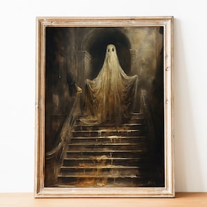 Peut inclure: Une peinture repr&eacute;sentant un fant&ocirc;me dans un drap blanc debout sur un escalier dans un b&acirc;timent sombre et ancien. Le fant&ocirc;me fait couler un liquide dor&eacute; sur les marches.