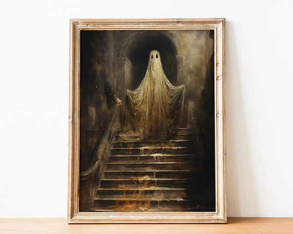 Printable Ghost Wall Art, Spooky Ghost Art, Ghost Painting, Country Wall Art Print, Halloween Ghost Print, Ghost on Stairs, Ghost in Cottage