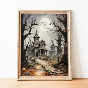 Printable Haunted House Print, Witch House Painting, Halloween Wall Art Print, Victorian Scary House, Haunted Scene, Haunted House Wall Art