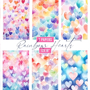 Papeles digitales de corazones arco iris de acuarela, fondos de corazones coloridos, fondo de invitación, diseño de sublimación de vaso, patrón de corazones