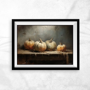 May include: A still life painting of four white pumpkins on a wooden table. The pumpkins are arranged in a row, with the largest pumpkin in the center. The background is a dark, textured wall.