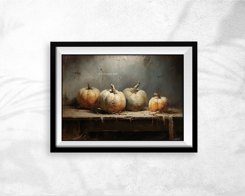 May include: A still life painting of four white pumpkins on a wooden table. The pumpkins are arranged in a row, with the largest pumpkin in the center. The background is a dark, textured wall.