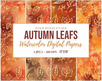 Watercolor Autumn Leaves Digital Paper Pack, Free Commercial Use, Gold Fall Leaves Pattern, Thanksgiving Background, Autumn Scrapbook Papers