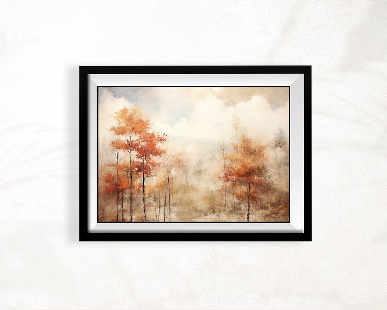 May include: A framed watercolor painting of a misty forest scene with trees in shades of orange and brown. The painting has a soft, dreamy feel.