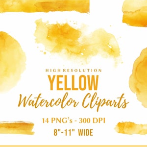 14 cliparts de aquarela amarelo mostarda, pinceladas de aquarela, formas de aquarela, respingos e manchas de aquarela amarelas, cliparts amarelos