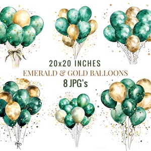 Aquarell Grün Luftballons Clipart, 8 JPGs, kommerzielle Nutzung, Smaragd und Gold Luftballons, Party Clipart, Scrapbooking, Geburtstagseinladungen