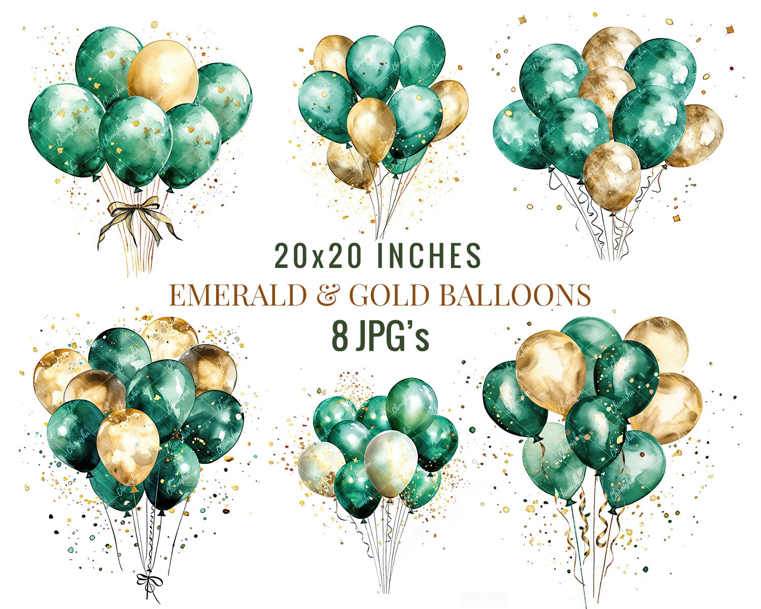 Watercolor Green Balloons Clipart, 8 JPGs, Commercial Use, Emerald and Gold Balloons, Party Clipart, Scrapbooking, Birthday Invitations