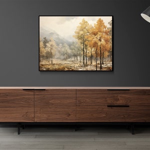 K&ouml;nnte beinhalten: Eine dunkle Kommode aus Holz mit vier Schubladen und schwarzen Metallbeinen. Ein Gem&auml;lde einer Waldszene mit B&auml;umen in Herbstfarben h&auml;ngt an der Wand &uuml;ber der Kommode. Eine schwarze Stehlampe mit schwarzem Schirm steht rechts neben der Kommode.
