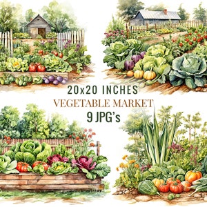 Imágenes prediseñadas de huerto de acuarela, 9 JPG, uso comercial, imágenes prediseñadas de jardinería, artesanía de papel digital, imágenes prediseñadas de patio trasero, scrapbooking