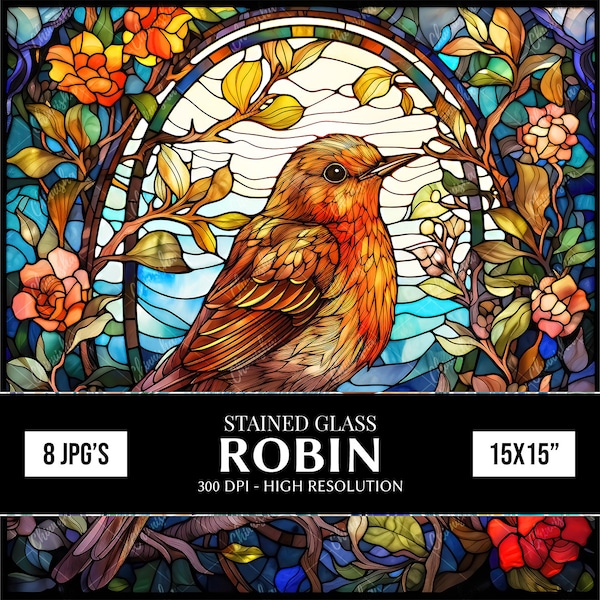 8 Stained Glass Robin Digital Papers, Tumbler Wrap Designs, Scrapbooking Paper Birds, Journaling Paper, Sublimation Designs, Wall Art Prints