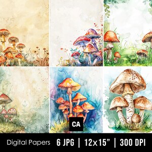 Papéis digitais de cogumelo aquarela, fundos de cogumelo, papel de álbum de recortes para impressão, ilustração de cogumelo, impressões de cogumelo, papéis de floresta